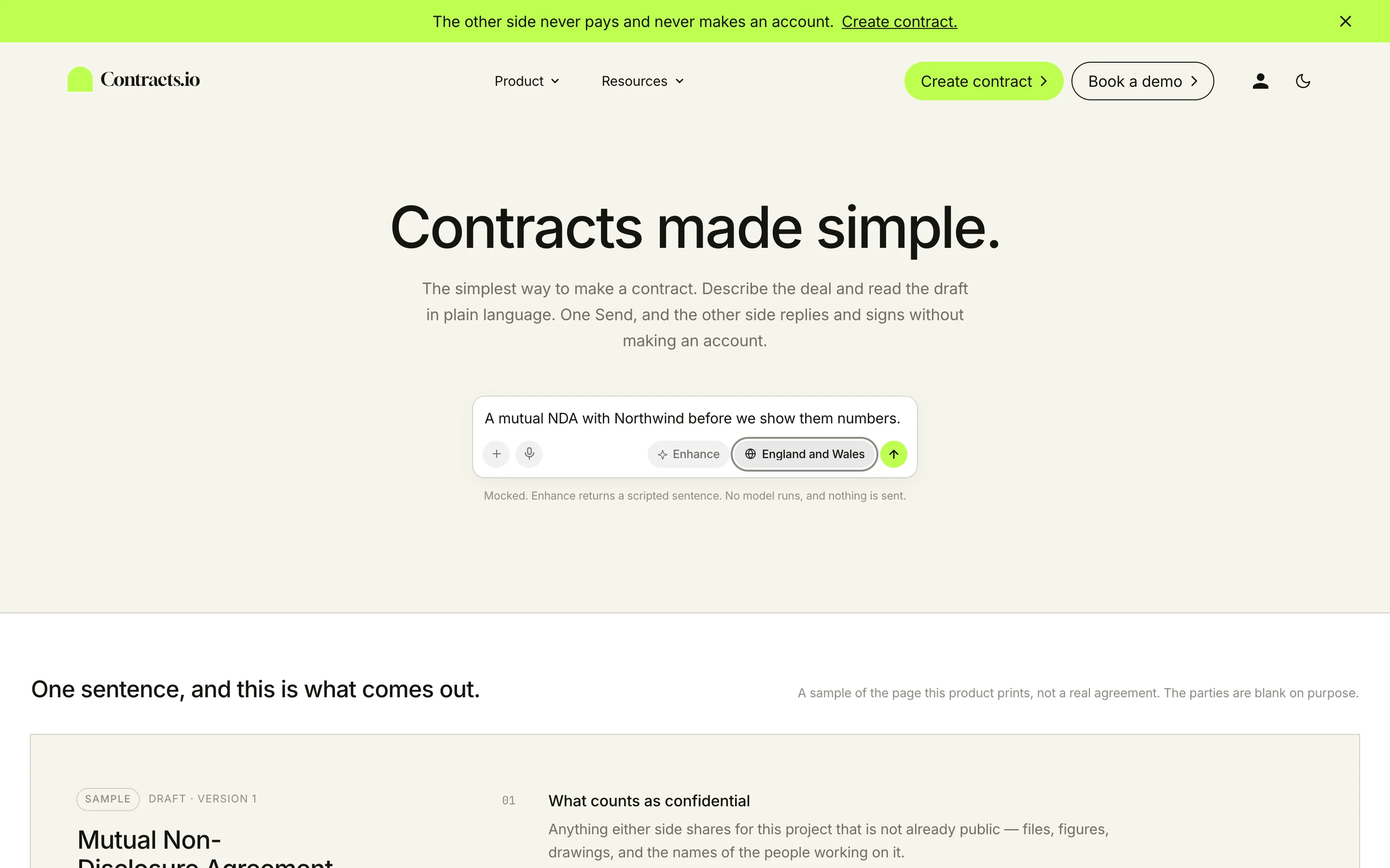 The contracts.io door with a sentence typed into the field and England and Wales picked as the governing law.