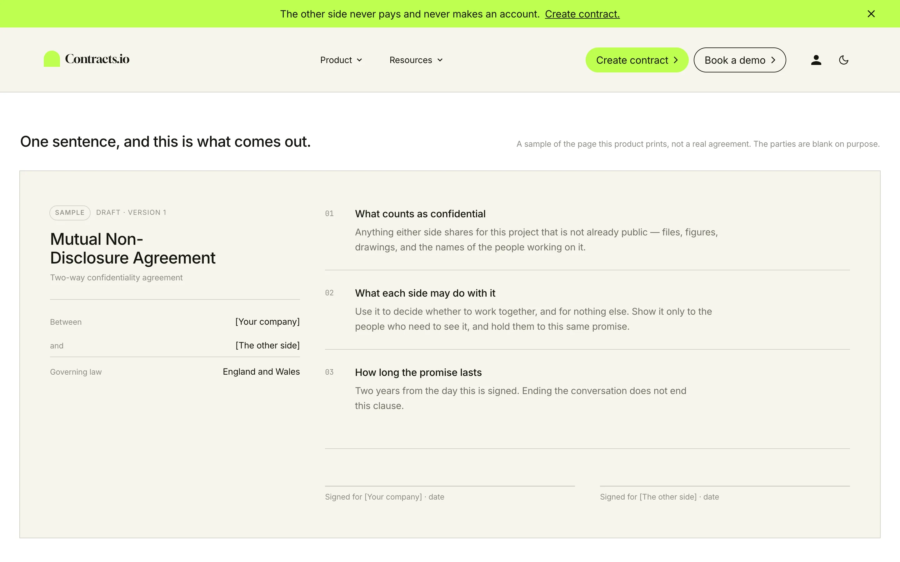 The sample contract contracts.io prints from one sentence, showing the parties, the governing law and three plain-language clauses.